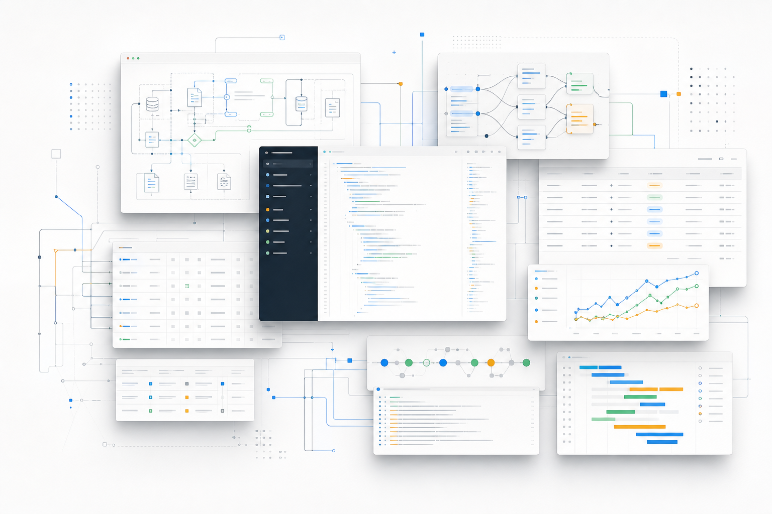 Abstract system map of software windows, data tables, charts, and deployment traces.
